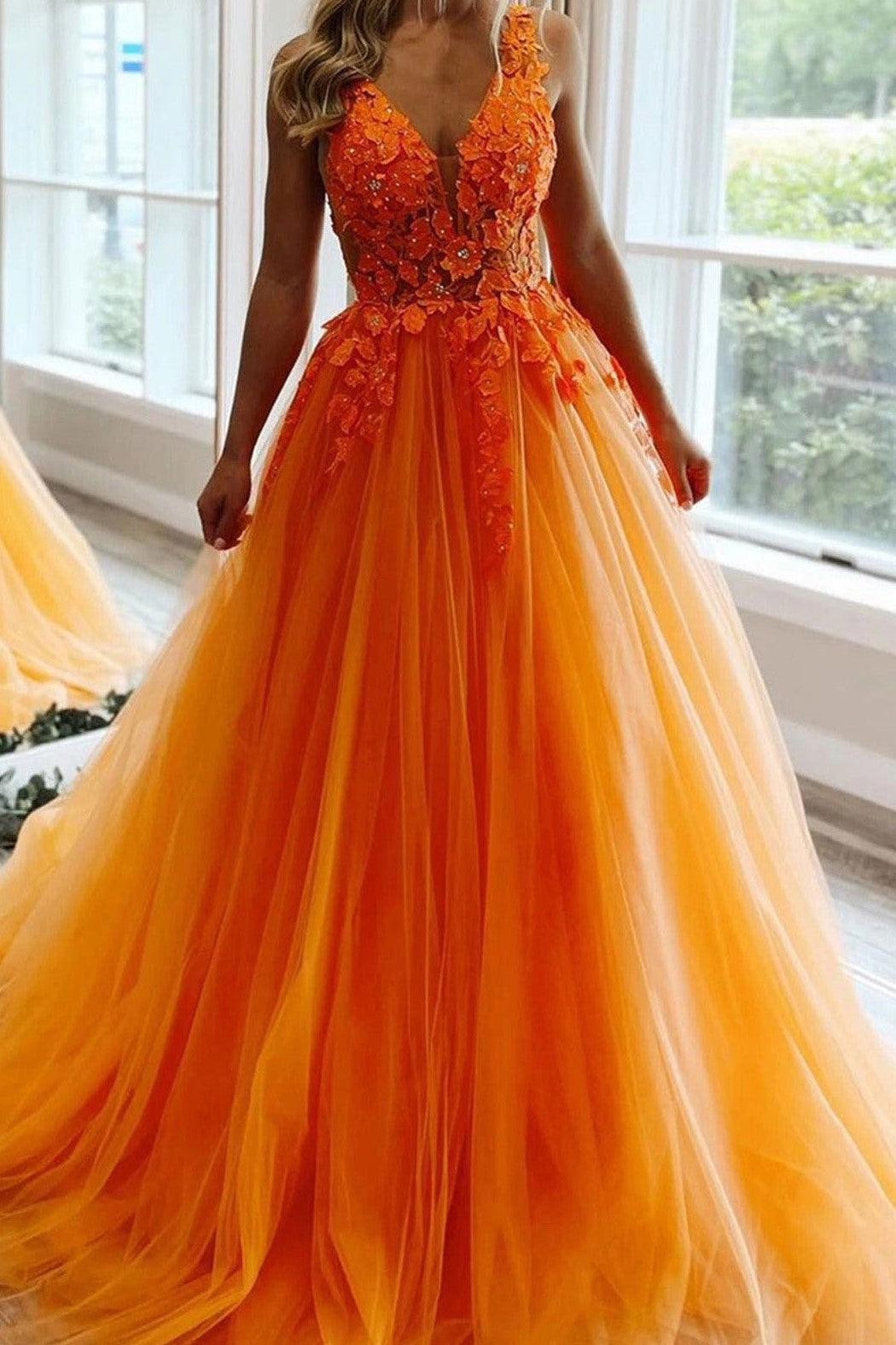 A-line V Neck Tulle Prom Dress With Appliqued Beading