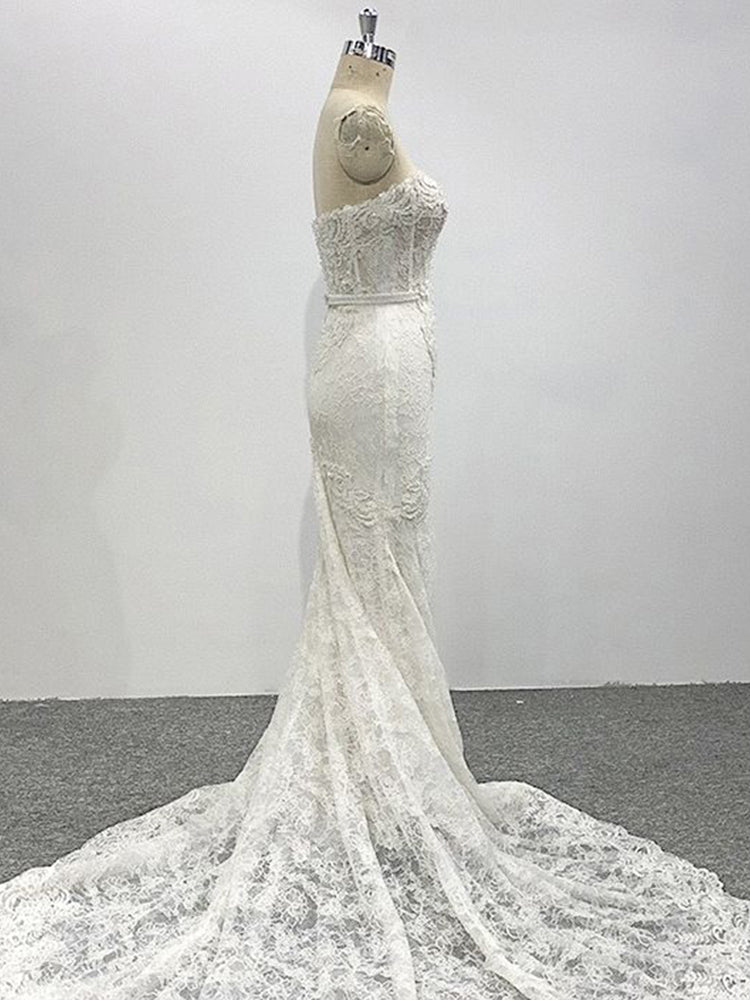 Pretty Strapless Ivory Long Sheath Wedding Dress Split Bridal Gown