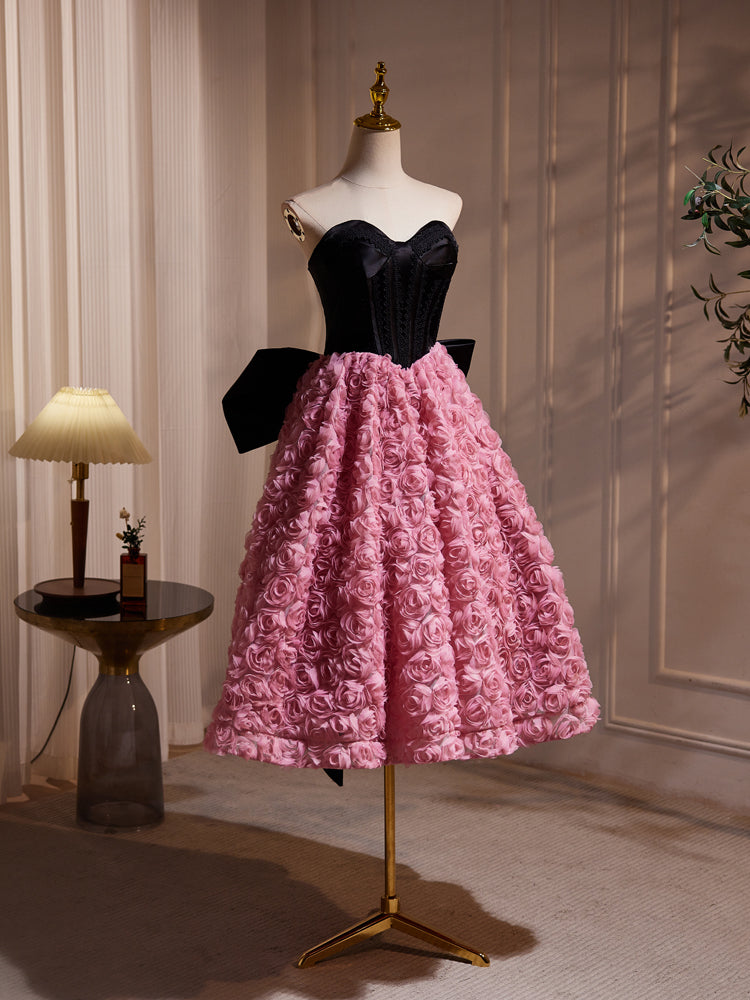 Black Pink Bow Tie Hepburn Style Flower Long Prom Dresses