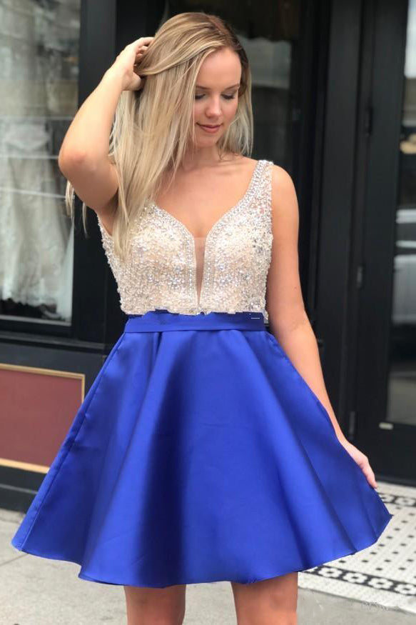 Royal Blue Homecoming Dresses V Neck Beaded Short Prom Dress OM343 Royal Blue Homecoming Dresses V Neck Beaded Short Prom Dress OM343