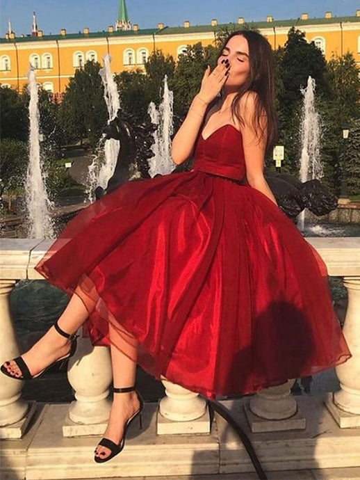 Sweetheart Red Tea Length Prom Dresses Homecoming Dress OM350