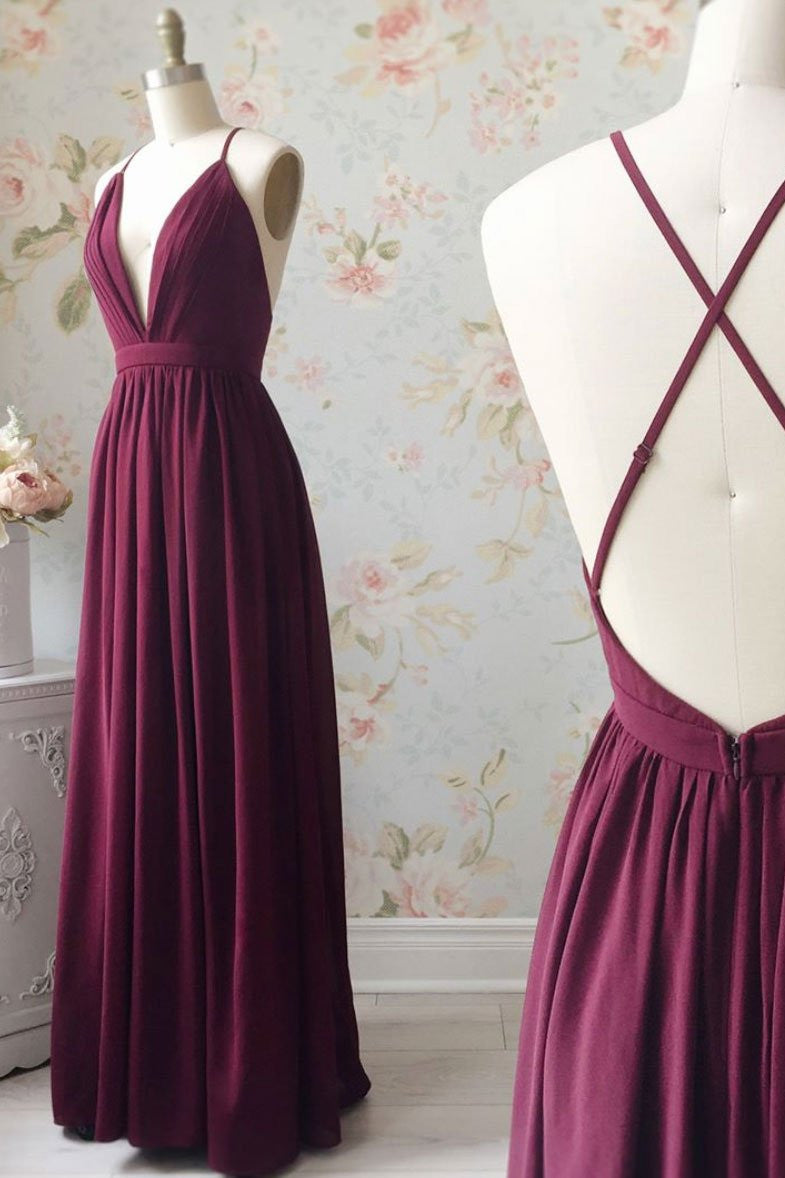 Simple V-Neck Burgundy Backless Long Prom Dress Bridesmaid Dress