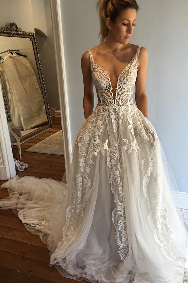 Buy A line Deep V Neck Lace Appliques Wedding Dresses with Pockets