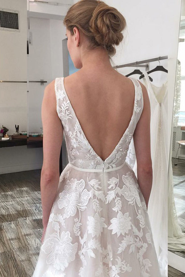 Stunning Straps V-neck A-line Backless Wedding Dress With Appliques Pearls main image 0