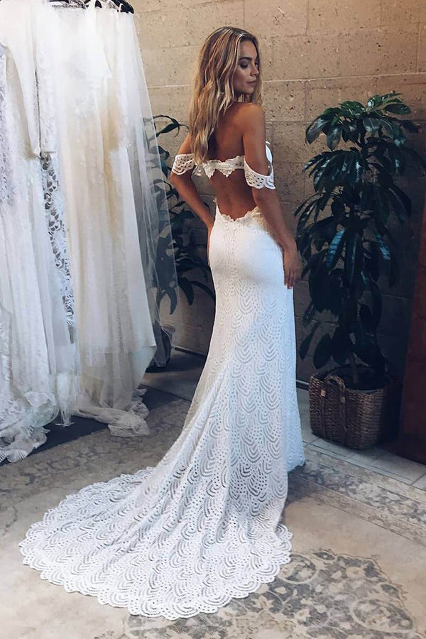 Buy Mermaid Off-the-Shoulder Backless Lace Wedding Dress with Split OW457 Buy Mermaid Off-the-Shoulder Backless Lace Wedding Dress with Split OW457