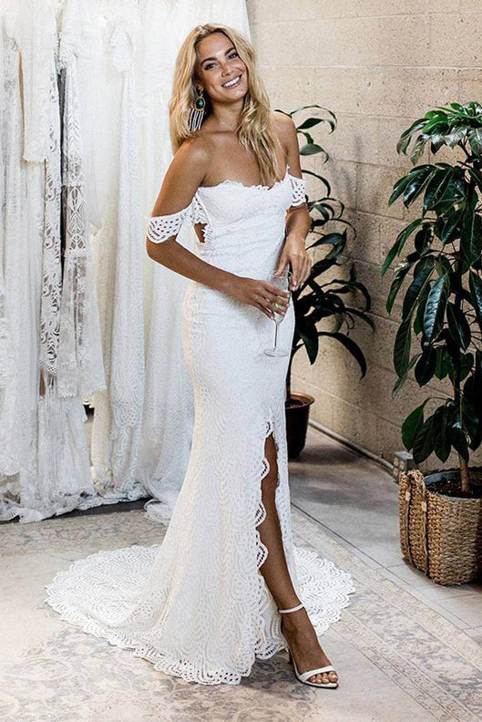 Buy Mermaid Off the Shoulder Backless Lace Wedding Dress with