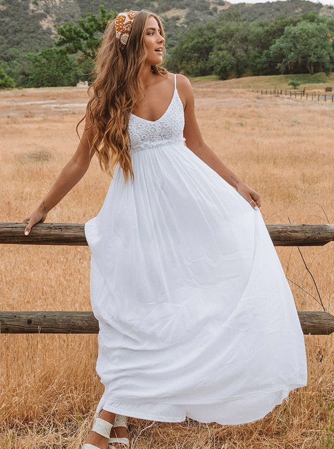 Spaghetti Straps Chiffon Backless Wedding Dress, A-Line Beach Bridal G