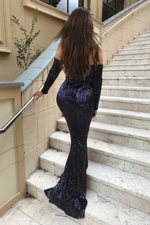 Off-Shoulder Ruffled Sequined Mermaid Evening Gown