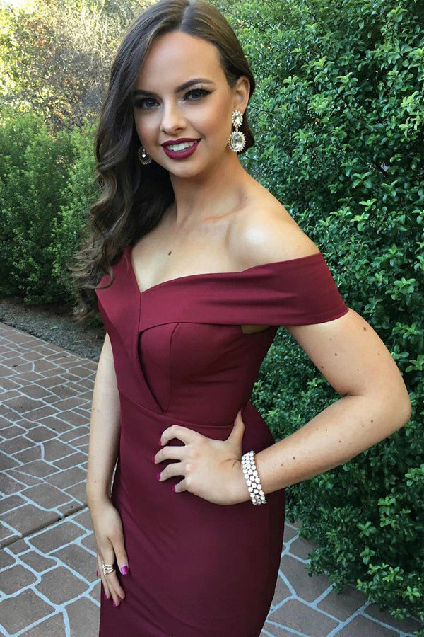 Buy Burgundy Prom Dresses Mermaid Off-the-Shoulder with Split OP780