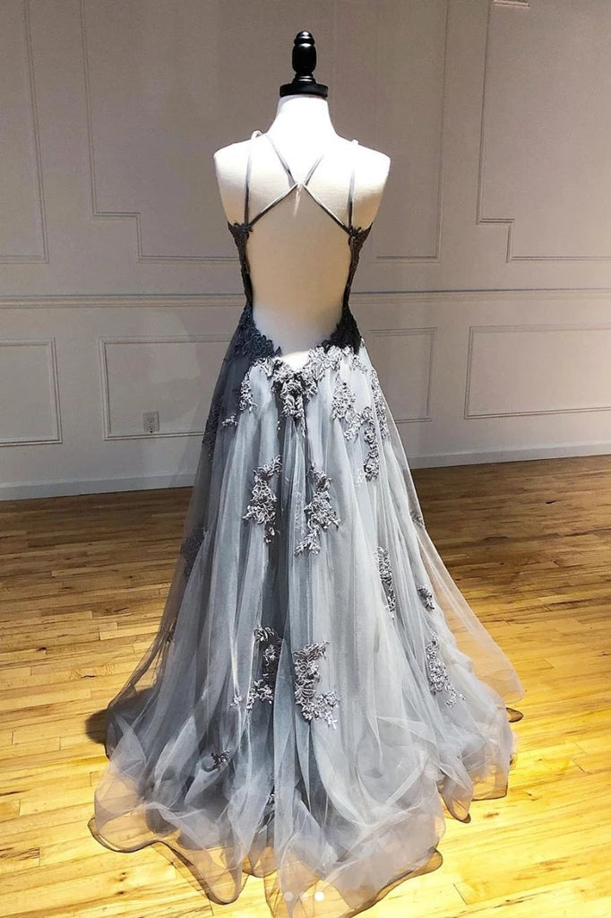 Tulle Gray Long Prom Dresses, Appliqued Backless Formal Evening Dress Tulle Gray Long Prom Dresses, Appliqued Backless Formal Evening Dress
