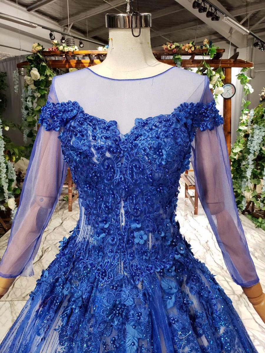 loveangeldress Ocean Blue Tulle Prom Dress with Beaded Bodice Custom Made / Black