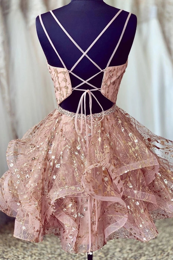 short pink sweet 16 dresses Pink Sequin Long Sleeve Homecoming Dresses Prom Dress PH357