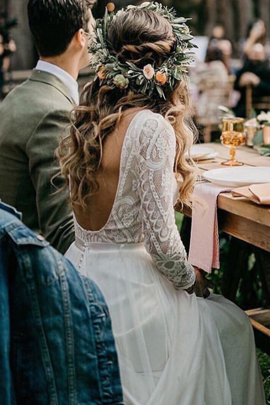 Flowy Long Sleeve Lace Backless Wedding Dresses Beach Chiffon Bridal G Flowy Long Sleeve Lace Backless Wedding Dresses Beach Chiffon Bridal G