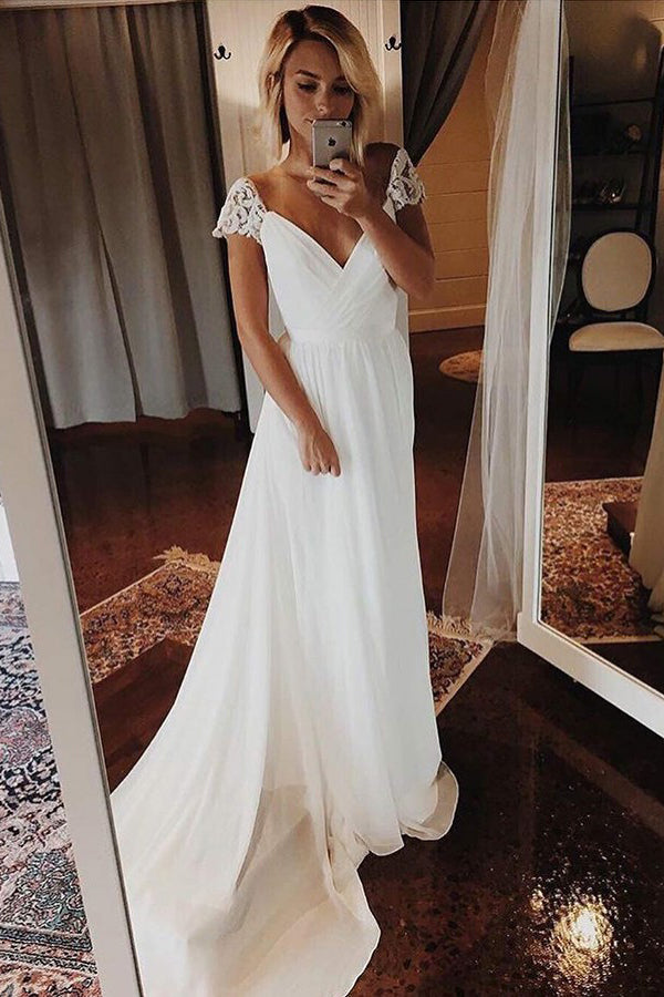 Simple Chiffon Wedding Dresses Bohemian Beach Bridal Gowns With Sleeves OW519