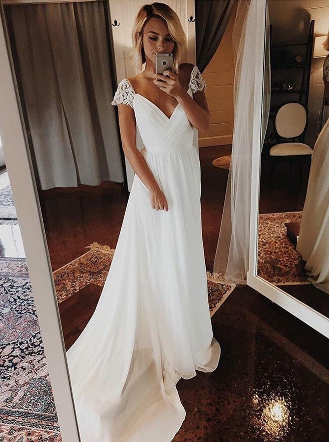 Simple Chiffon Wedding Dresses Bohemian Beach Bridal Gowns With Sleeve
