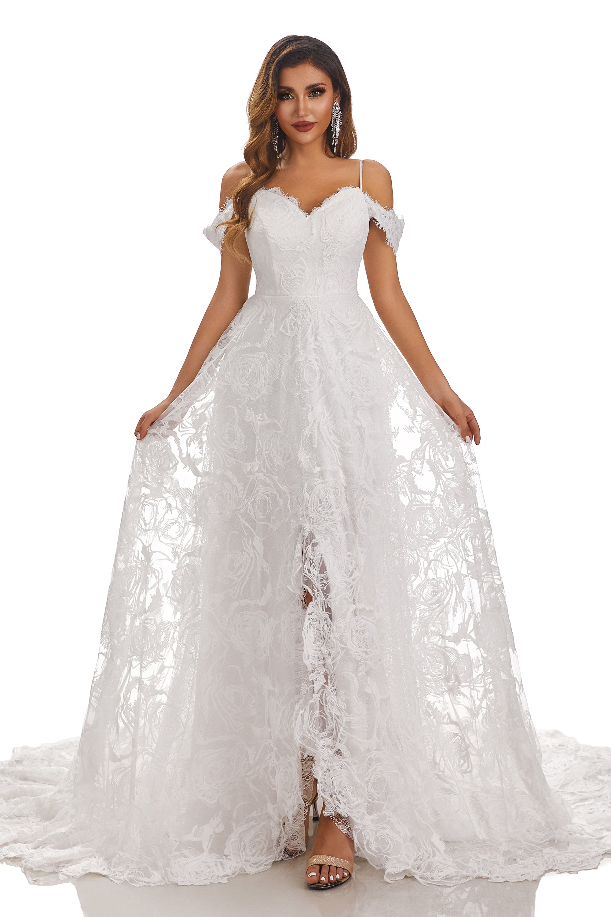 A-Line V-Neck Off-The-Shoulder Wedding Dress With Lace Appliques