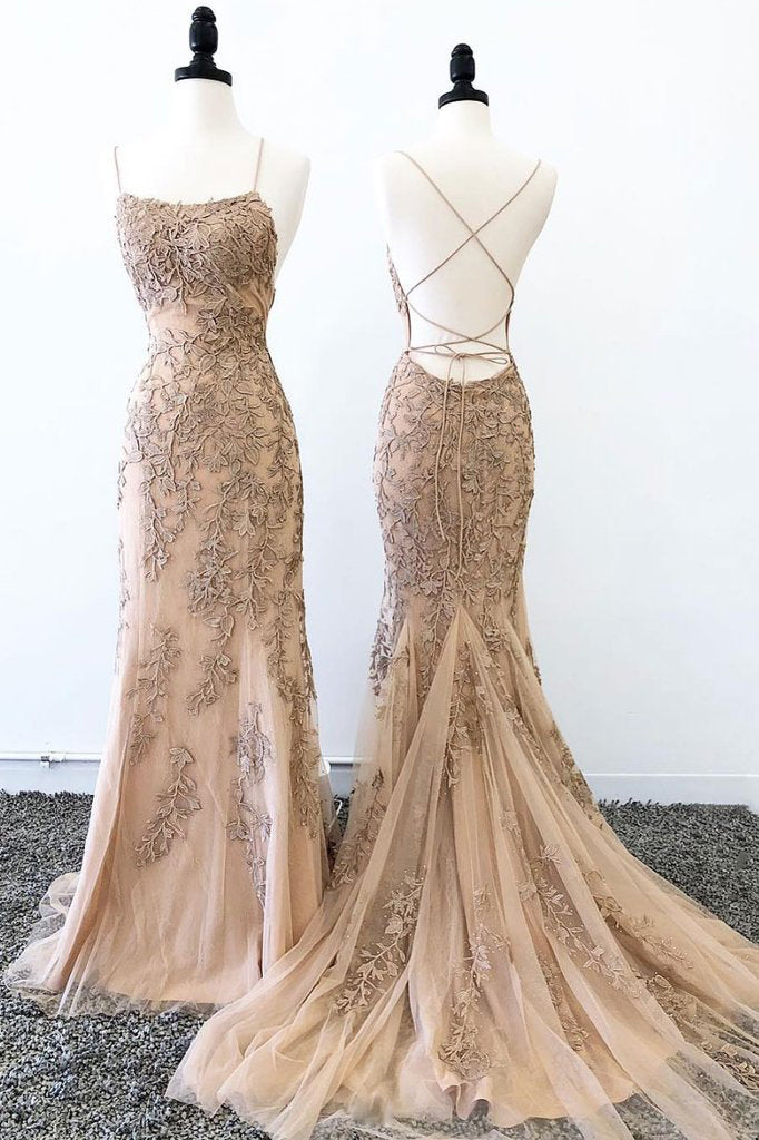 Buy Mermaid Tulle Lace Long Prom Dress, Backless Evening Gown OP667