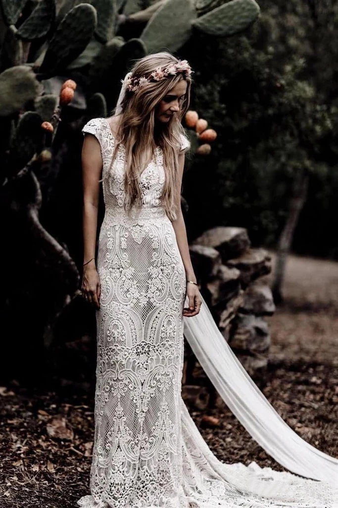 Sheath Ivory Lace Rustic Wedding Dresses, Cap Sleeve Beach Wedding Gow Sheath Ivory Lace Rustic Wedding Dresses, Cap Sleeve Beach Wedding Gow