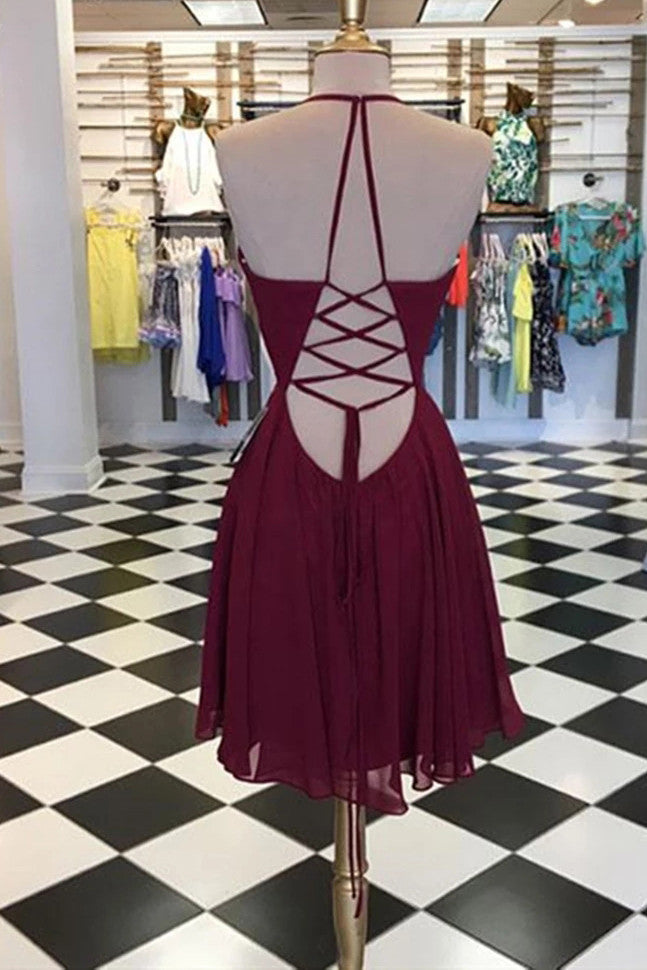 Chiffon Burgundy Short Prom Dress, Lace-up Graduation Homecoming Dress Chiffon Burgundy Short Prom Dress, Lace-up Graduation Homecoming Dress