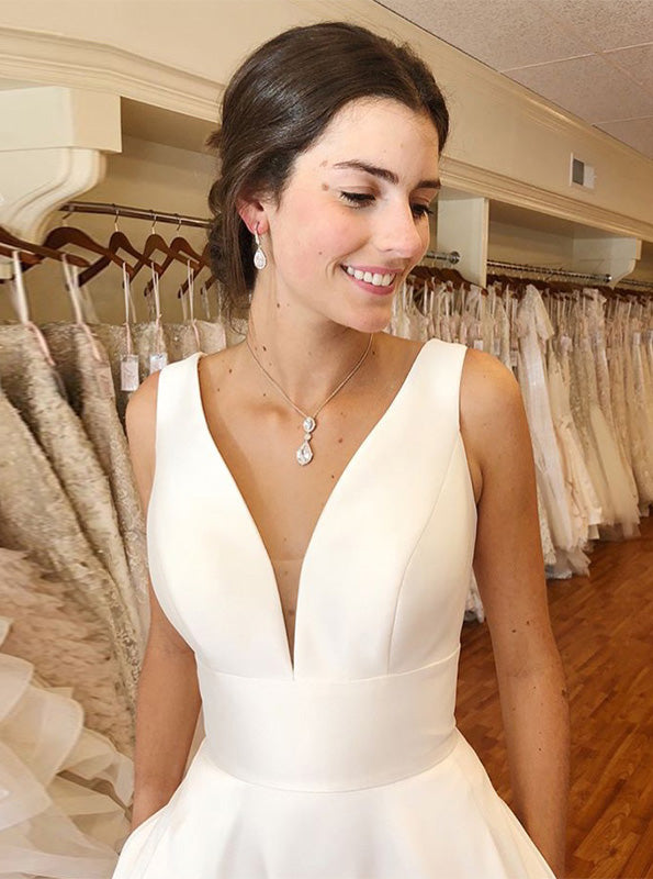 Simple Wedding Dresses A-line V neck Ivory Satin Bridal Gown OW649 Simple Wedding Dresses A-line V neck Ivory Satin Bridal Gown OW649