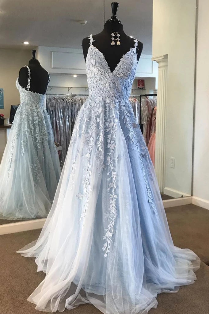 Sky Blue Long Prom Dresses A-line V-neck Lace Appliques Pageant Dress Sky Blue Long Prom Dresses A-line V-neck Lace Appliques Pageant Dress