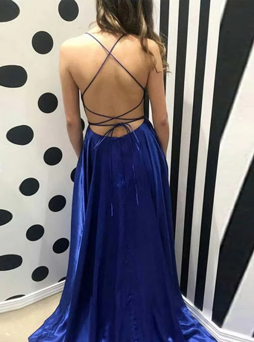 A-Line Simple Royal Blue Side Split Backless Prom Dress PD1115
