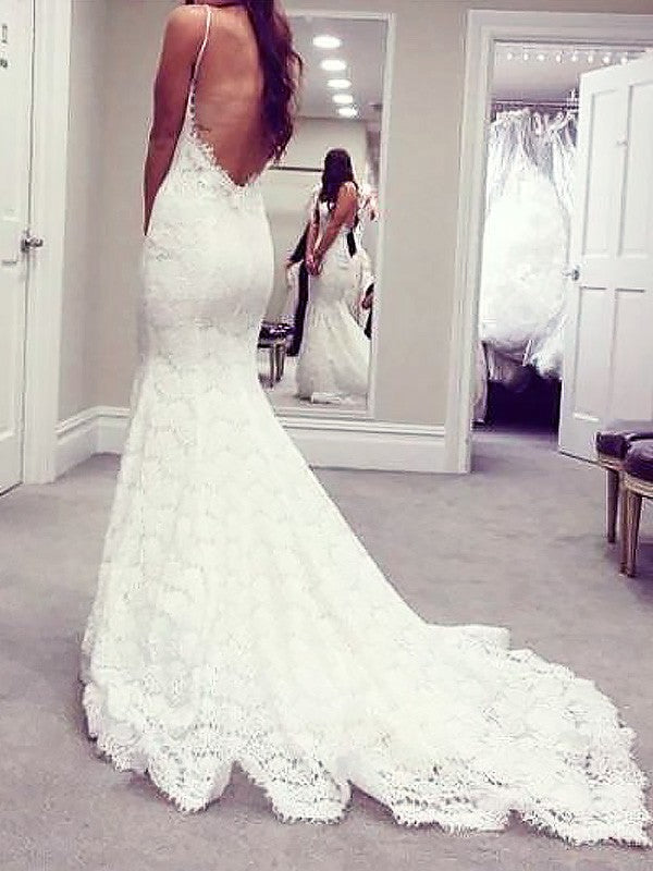 Spaghetti Straps Trumpet/Mermaid Lace Cheap Backless Wedding dress OW285