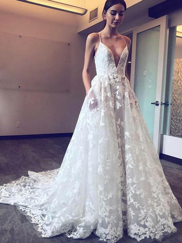 Modern A-Line Spaghetti Straps Plunge Neckline Lace Applique Wedding D Modern A-Line Spaghetti Straps Plunge Neckline Lace Applique Wedding D