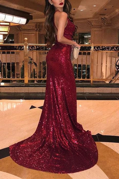 Sparkly Mermaid V-Neck Burgundy Prom Dress, Evening Dress With Split O Sparkly Mermaid V-Neck Burgundy Prom Dress, Evening Dress With Split O
