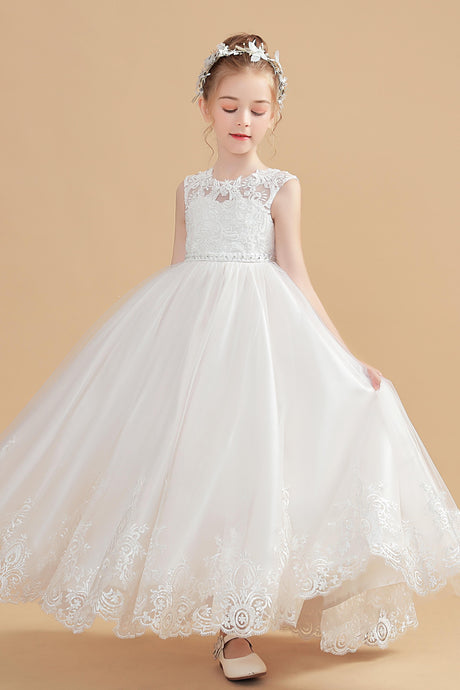Cute Ivory Cap Sleeves Tulle Flower Girl Dresses With Beading