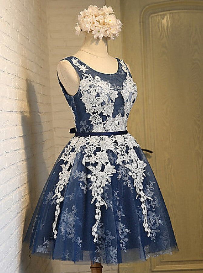 Navy Blue Short Prom Dress, Appliques Graduation Homecoming Dresses OM