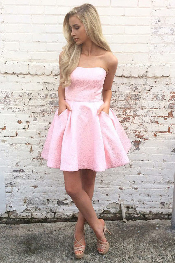 Buy Pink Short Prom Dresses Strapless Homecoming Dress with Pockets OM286 Buy Pink Short Prom Dresses Strapless Homecoming Dress with Pockets OM286