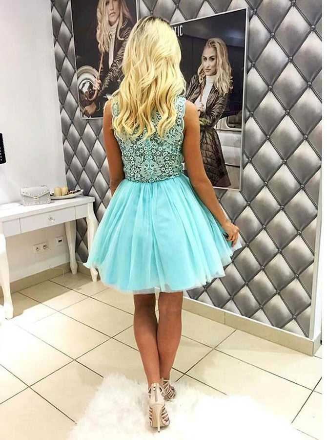 aqua blue short prom dresses Cute Green Lace Applique Short Prom Dress Green Homecoming Dress US 4 / Custom Color