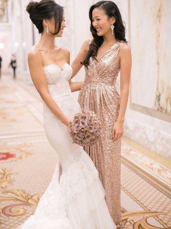 Round/V-neck A/B/C Pattern Long Sequins Rose Gold Bridesmaid dress, OB135