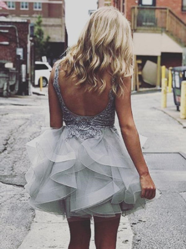 A-Line V-Neck Silver Appliques Layers Tulle Short/Mini Backless Party