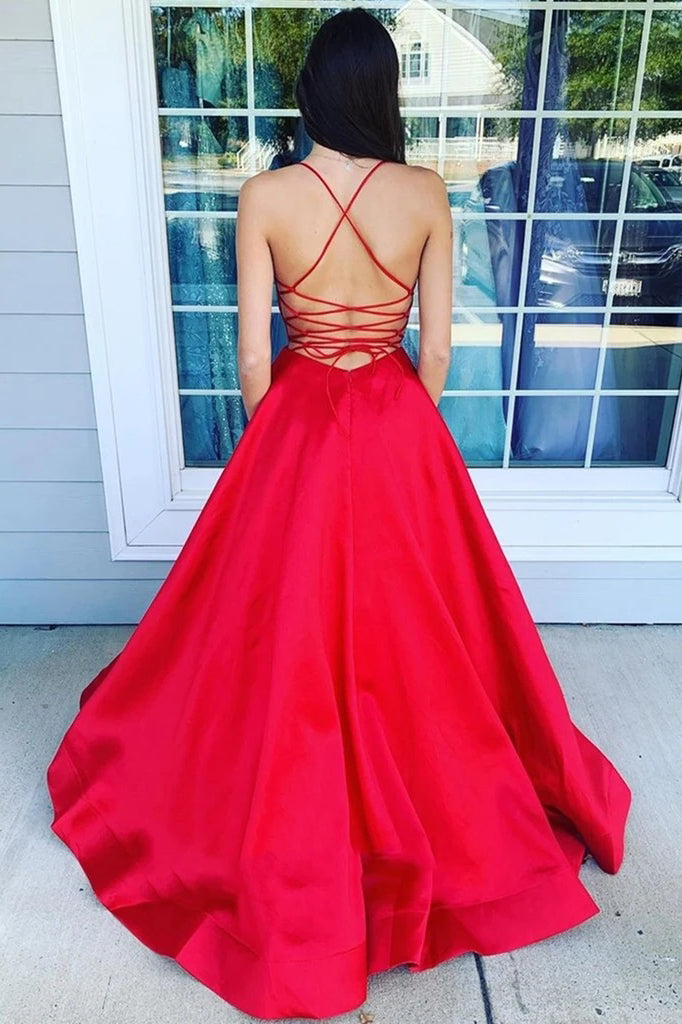 A Line V Neck Red Backless Prom Dresses with Pockets Formal Evening Dr A Line V Neck Red Backless Prom Dresses with Pockets Formal Evening Dr