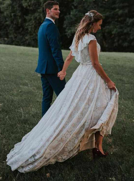 Rustic Lace Boho Vintage Wedding Dress Ruffled Backless Beach Bridal G