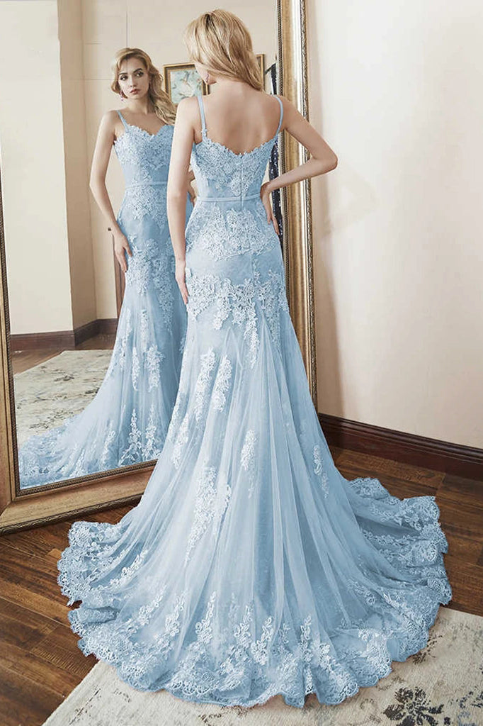 Spaghetti Mermaid Lace Prom Dresses Sky Blue Lace Formal Evening Dresses PO413