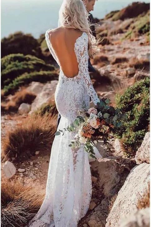 Mermaid V Neck Long Sleeves Backless Lace Appliques Wedding Dresses