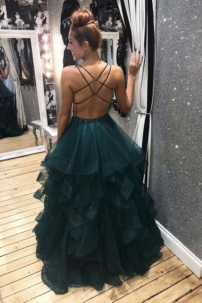 Dark Green Tulle Backless Prom Dresses, Long Evening Dress PO378 Dark Green Tulle Backless Prom Dresses, Long Evening Dress PO378