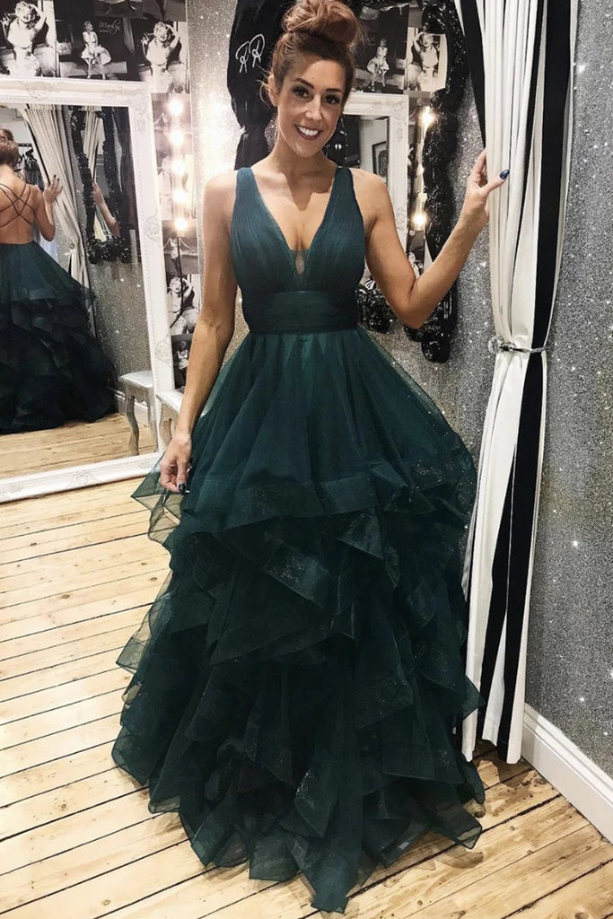 Dark Green Tulle Backless Prom Dresses, Long Evening Dress PO378 Dark Green Tulle Backless Prom Dresses, Long Evening Dress PO378