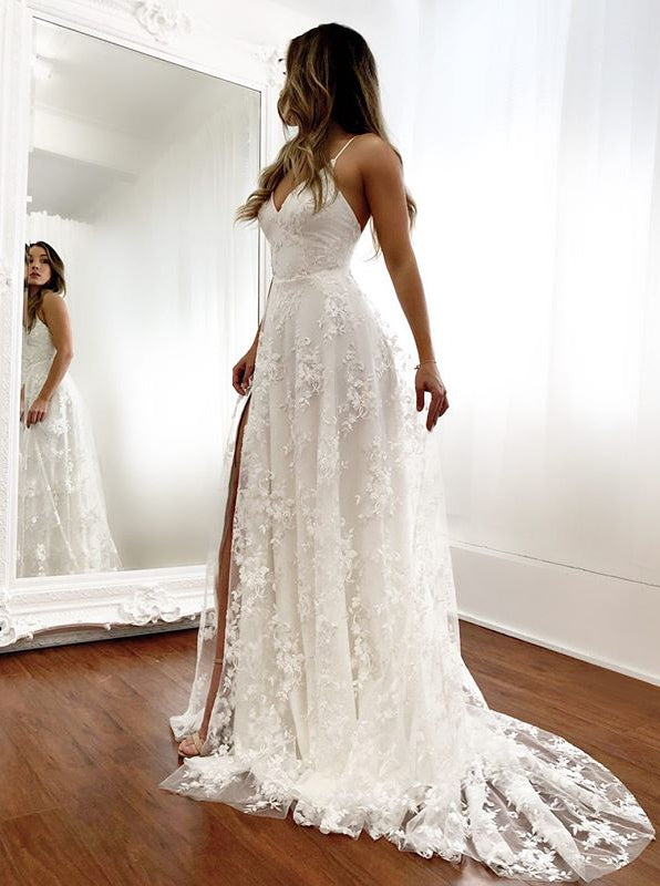 backless beach wedding dresses uk Lace V-neck Bridal Gown With Split OW510 Size:One Size (Length 63 cm)