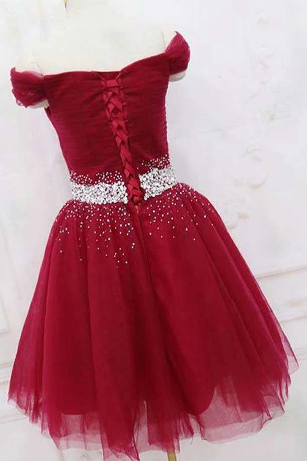 Off Shoulder Burgundy Short Graduation Dresses, Homecoming Dress With