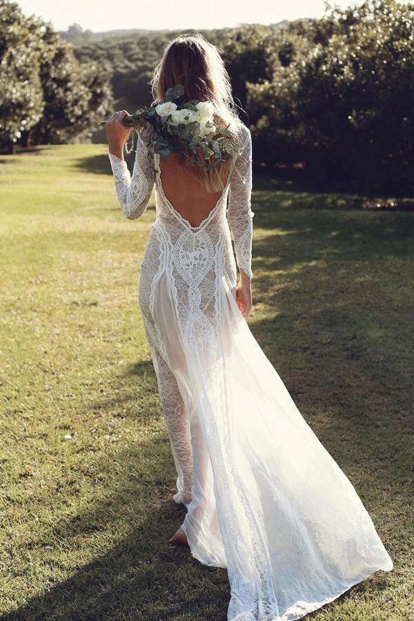 Sexy Ivory Lace Long Sleeves Sheath Backless Beach Wedding Dress OW320 Sexy Ivory Lace Long Sleeves Sheath Backless Beach Wedding Dress OW320