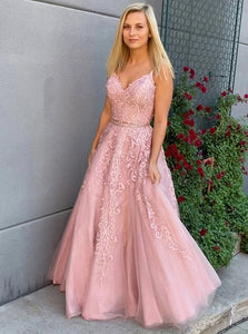 A-Line Pink Lace Two Pieces Long Prom Dress