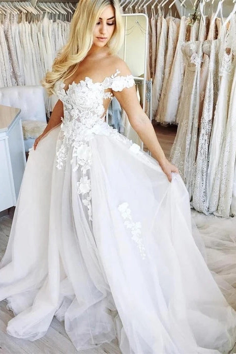 Off Shoulder Lace Appliques Tulle Wedding Dresses A Line Long Bridal D