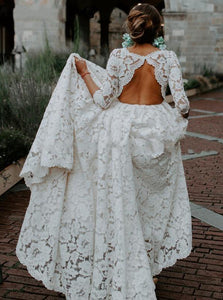 Bohemian Keyhole Lace Beach Wedding Dresses With 3/4 Sleeves
