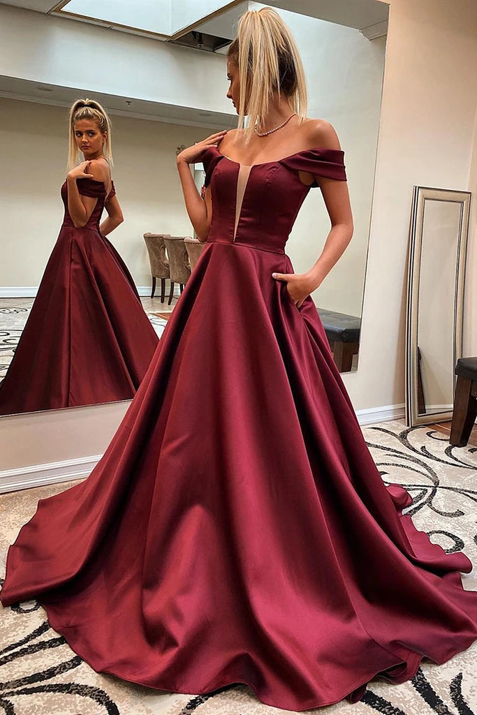 Off Shoulder Burgundy Prom Dresses, Long Graduation Evening Dress With
