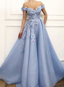 Charming Off Shoulder 3D Flower Appliques Net Blue Prom Dresses PW464