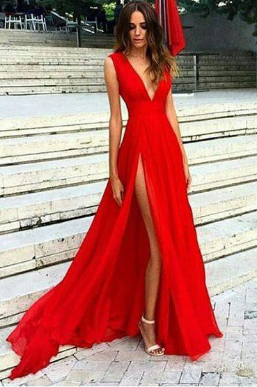 Sexy Chiffon Ruched Waist Red Long Prom Dress Evening Dress With Split Sexy Chiffon Ruched Waist Red Long Prom Dress Evening Dress With Split